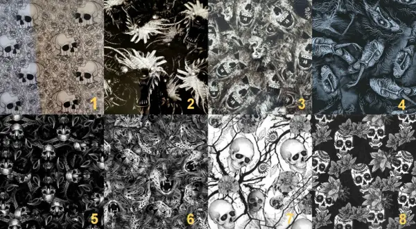 Kolaż ośmiu wzorów folii hydrograficznej z motywami czaszek, smoków i panter.