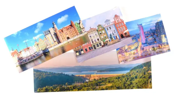 Kolaż zdjęć z europejskich miast: Gdańsk, Poznań, Wrocław i zapora wodna. Idealny na city break Europa.