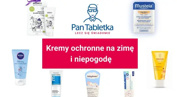 Krem do twarzy na narty i zimę chroni delikatną skórę dziecka przed mrozem i wiatrem. Różne marki, np. Mustela, Nivea Baby, Weleda.