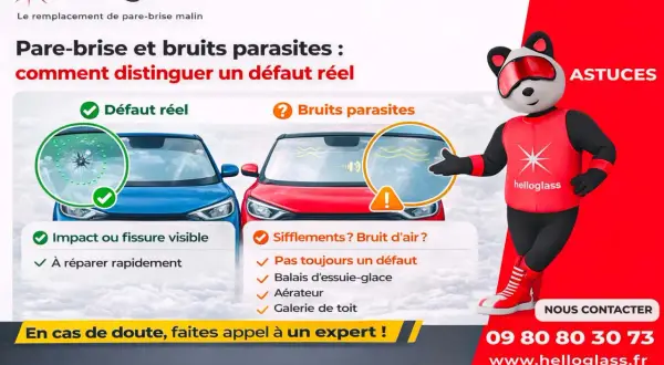 Comparaison entre un défaut réel de pare-brise (impact) et les bruits parasites, comme un sifflement de voiture dû aux essuie-glaces.