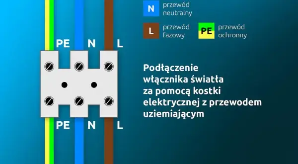 Schemat podłączenia włącznika światła podwójnego trzy przewody: PE (ochronny), N (neutralny), L (fazowy) do kostki elektrycznej.