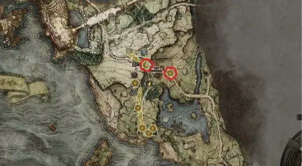 Detailreiche Elden Ring Karte mit markierten Orten, die auf eine Reise durch das Zwischenland hindeuten.