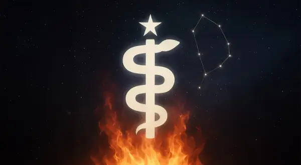 Symbol węża oplatający laskę, zwieńczony gwiazdą, unosi się nad płomieniami. Na nocnym niebie widać konstelację, sugerującą 13 znak zodiaku.
