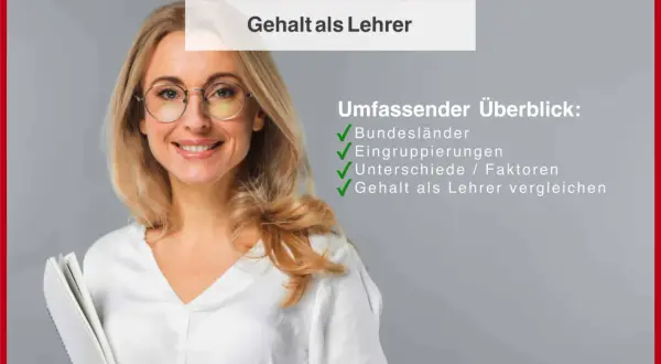 Eine lächelnde Lehrerin mit Brille hält ein Notizbuch. Der Text thematisiert, wie viel verdient ein Lehrer, und bietet einen Überblick über Gehälter.