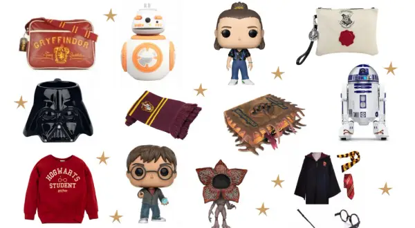Kolekcja gadżetów dla nastolatków: torba Gryffindor, figurki BB-8, Eleven, R2-D2, Harry'ego Pottera, Demogorgona, kubek Dartha Vadera, książka o potworach, szalik i szata Hogwartu.