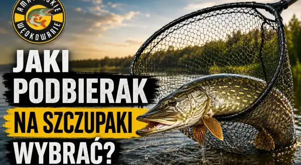 Szczupak w siatce gumowej, gotowy do podebrania. Logo "Amatorskie Wędkowanie" i tekst "Jaki podbierak na szczupaki wybrać?".