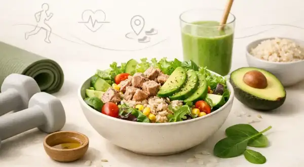 Zdrowa sałatka z tuńczykiem i ryżem, pełna warzyw, awokado i zielonego smoothie. Idealna po treningu!