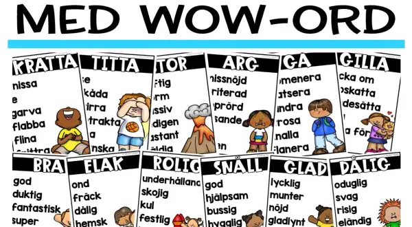 Affisch med "WOW-ORD" för att bygga ordförråd. Varje ord har synonymer och en illustration.