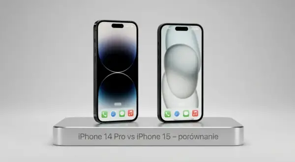 Dwa iPhone'y na srebrnej podstawce, jeden z ciemną tapetą, drugi z jasną. Porównanie iPhone 14 Pro vs iPhone 15.