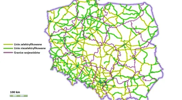 Mapa Polski z zaznaczonymi liniami kolejowymi: żółte to linie zelektryfikowane, zielone niezelektryfikowane. Fioletowe linie to granice województw. Postępująca elektryfikacja kolei w Polsce.