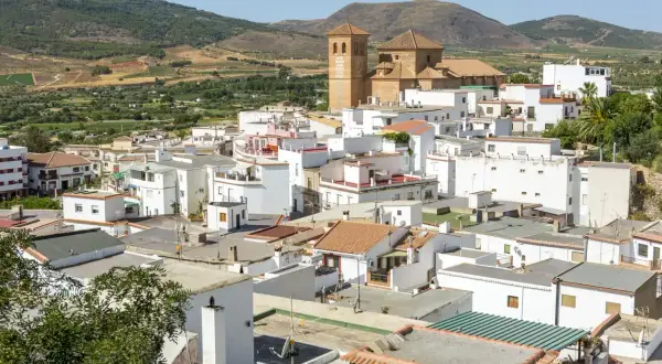 Vista panorámica de Laujar de Andarax, con su iglesia destacando entre casas blancas y tejados rojos. Un pueblo andaluz pintoresco que ver.