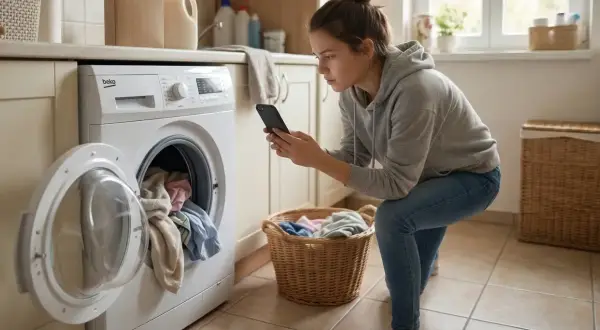 Młoda kobieta sprawdza w telefonie, czy trzeba prać nowe ubrania, obok otwartej pralki i kosza z praniem.