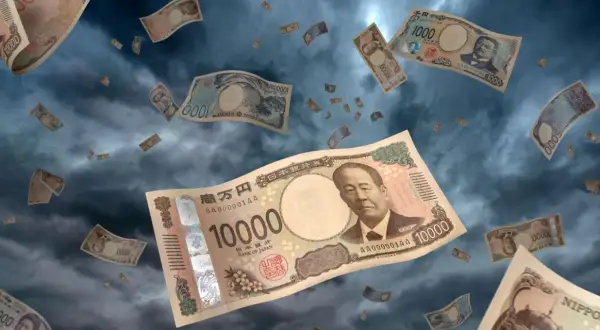 Deszcz banknotów, waluta Japonii, jeny spadają z nieba na tle burzowych chmur.