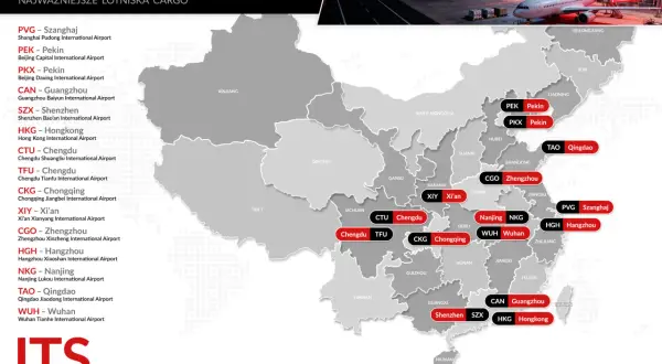 Mapa przedstawia kluczowe porty lotnicze w Chinach, ułatwiając planowanie lotów do Chin.