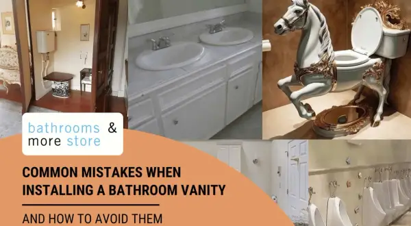 Collage of bathroom scenes, including a vintage toilet enclosure, a double vanity, a horse-shaped toilet, and urinals. Learn about common mistakes when installing a bathroom vanity.