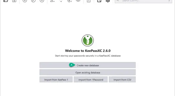 Ekran powitalny KeePassXC 2.6.0. Możesz stworzyć nową bazę danych, otworzyć istniejącą lub zaimportować dane. To niebezpiecznik do przechowywania haseł.