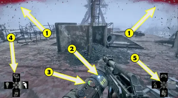 Wskazówki do gry Metro Exodus: poradnik pokazuje drogę, cele i interfejs. Strzałki kierują gracza.