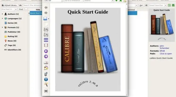 Un lecteur epub Windows gratuit : Calibre affiche le guide de démarrage rapide d'un livre électronique au format EPUB.