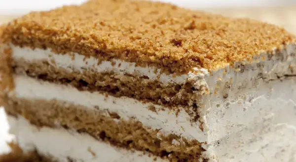 Tranche de gâteau à la crème et aux miettes de biscuit.