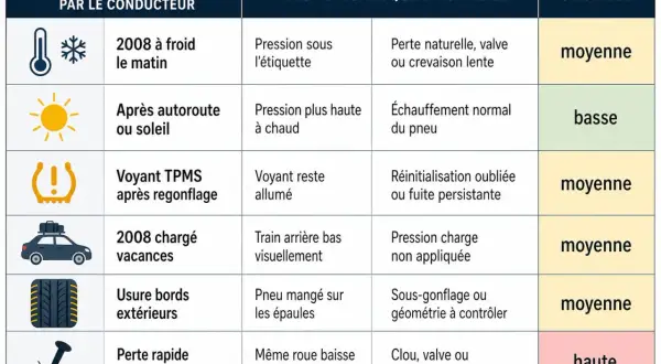 Tableau des causes probables de problèmes de pression pneu 3008 : froid, soleil, voyant TPMS, vacances, usure, crevaison.