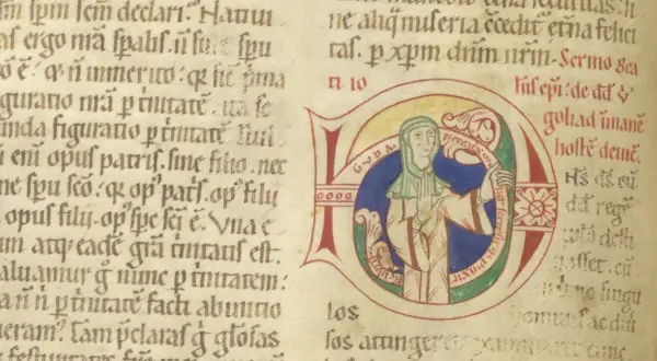 Ilustracja z miniatury w średniowieczu: postać w niebieskim okręgu, otoczona literami, na tle tekstu.