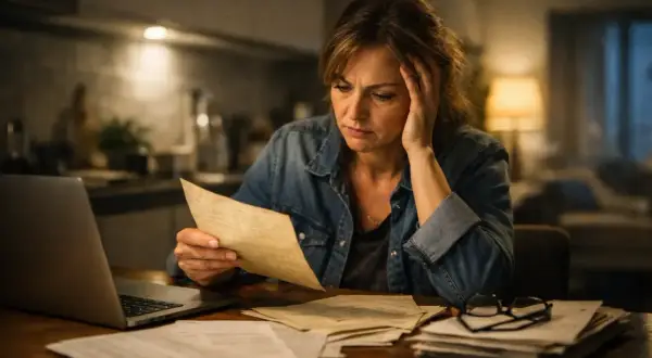 Zmartwiona kobieta przegląda dokumenty, być może sprawę spadkową po 20 latach. Na stole leży laptop i stos papierów.