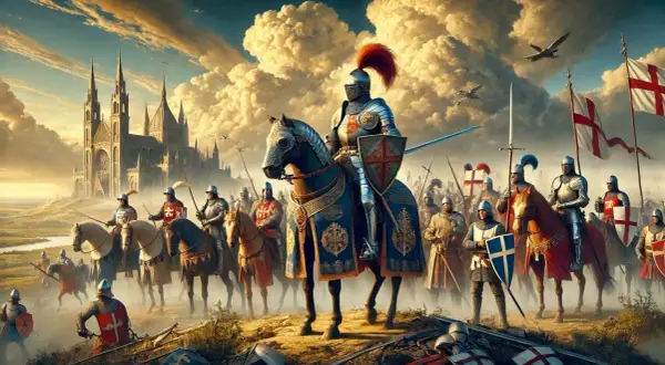 Riddare i rustning, ledda av en figur som påminner om kung Artur, rider mot ett storslaget slott under en dramatisk himmel.