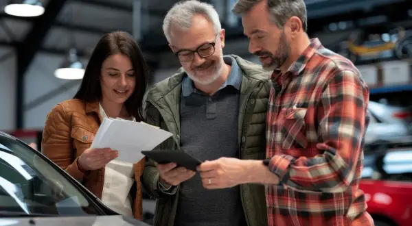 Un couple examine des documents et une tablette avec un vendeur, discutant de l'assurance achat voiture.
