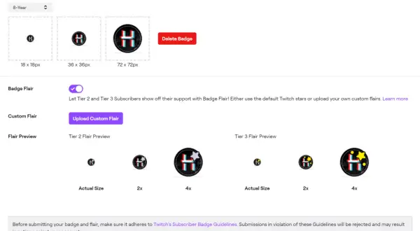 Twitch-Badges in verschiedenen Größen, mit Flair-Optionen für Abonnenten. "Sub" als Jugendsprache-Begriff für Abonnent.