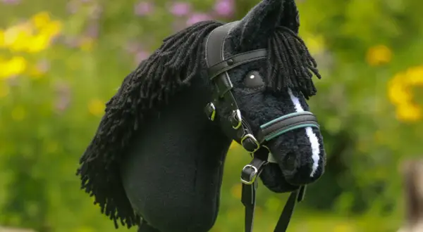 Czarny koń na kiju z czarną grzywą i ozdobnym ogłowiem dla hobby horse.