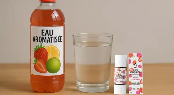 Bottiglia di acqua aromatizzata alla fragola e limone, un bicchiere d'acqua e una fiala di aroma.