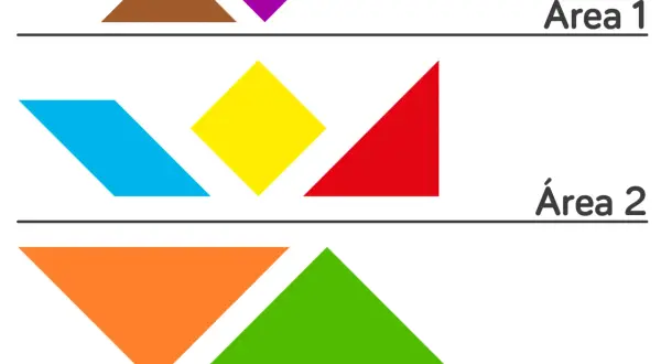 Figuras tangram de colores: marrón, morado, azul, amarillo, rojo, naranja y verde, divididas en tres áreas.
