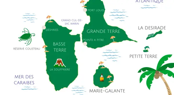 Carte de la Guadeloupe, idéale pour un circuit de 15 jours. Explorez Basse-Terre, Grande-Terre, Les Saintes, Marie-Galante et La Désirade.