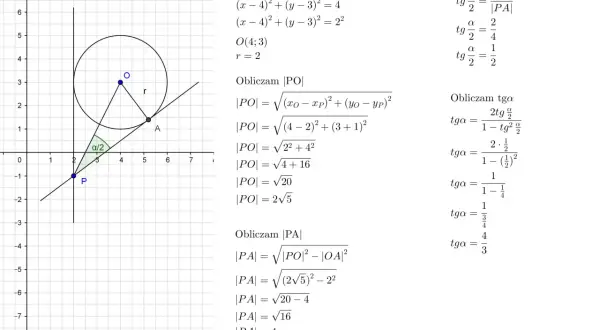 Na wykresie okrąg o środku O(4,3) i promieniu r=2. Punkt P(-1,-1) i A(5,1). Obliczanie tg(α/2) i tga.