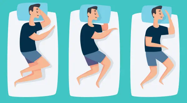 Three men sleep in different positions. The middle and right positions may help with acid reflux.
