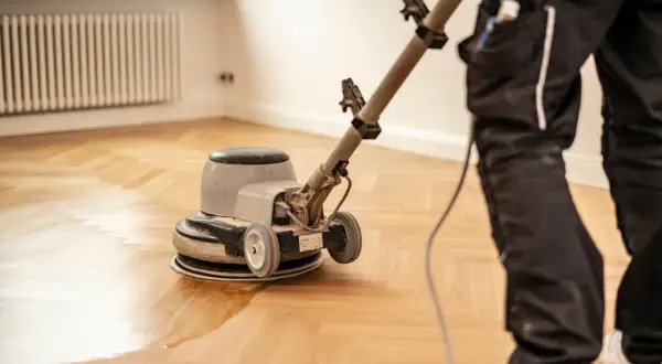 Ein Handwerker versiegelt einen Parkettboden mit einer Poliermaschine. Der frisch versiegelte Boden glänzt.