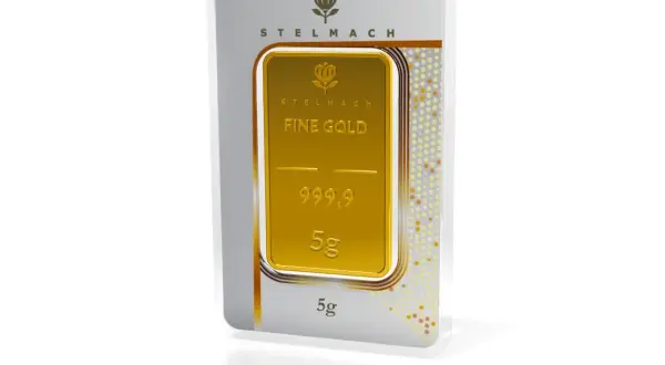 Sztabka złota 5g w opakowaniu z logo Stelmach.