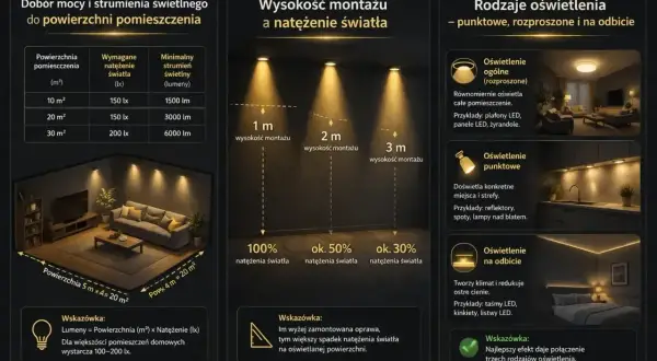 3000 lumenów to dużo dla 20 m², zapewniając 150 lx. Wybierz oświetlenie dopasowane do potrzeb.