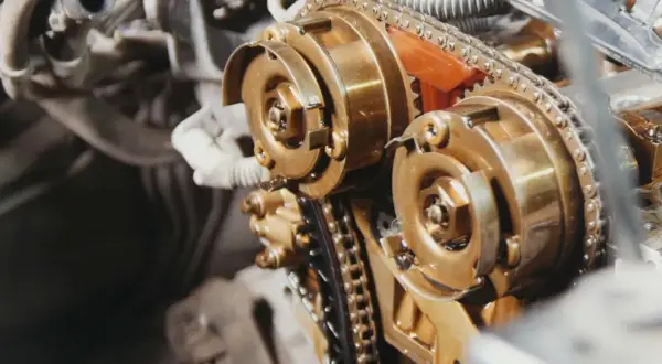 Mechanizm rozrządu DOHC z widocznym łańcuchem, a nie paskiem. Złote koła zębate i metalowy łańcuch.