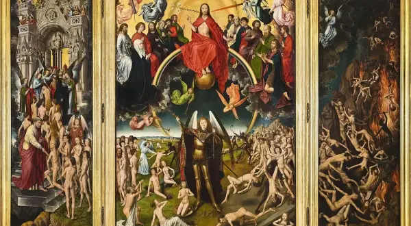 Tryptyk ukazujący Sąd Ostateczny. Symbolizm w malarstwie przykłady: niebo, ziemia i piekło, z Chrystusem w centrum, aniołami, ludźmi i demonami.