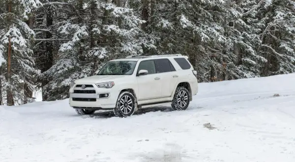 Biały SUV z napędem **awd** stoi na zaśnieżonej drodze w lesie.
