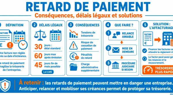 Infographie sur le retard de paiement : définition, délais légaux, conséquences, actions et solution d'affacturage. La date d'échéance est cruciale.