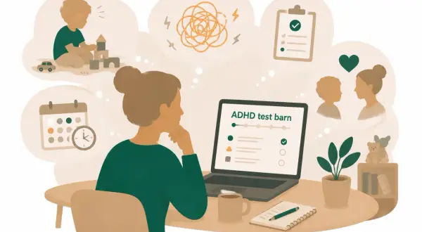 En person sitter vid en dator som visar "ADHD test barn". Tankebubblor visar ett barn som leker, en kalender, oro, en checklista och en mamma med sitt barn.
