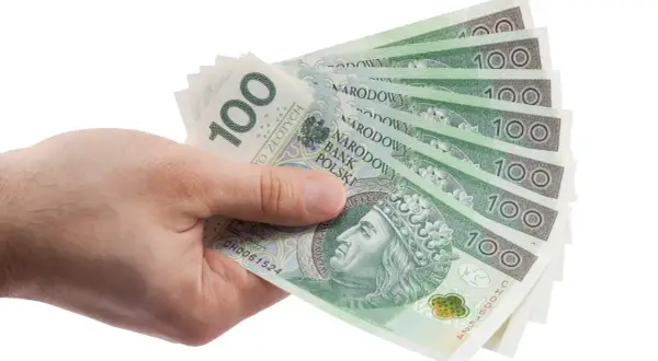 Dłoń trzyma wachlarz banknotów 100 zł. Może to być zapłata za zachowek lub po prostu wypłata pieniędzy.