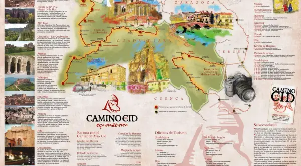 Mapa ilustrado de la ruta del Cid, con pueblos, monumentos y citas del Cantar.