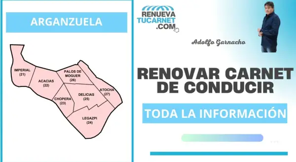 Mapa de Arganzuela con barrios y texto sobre renovar carnet de conducir. Información útil para trámites.