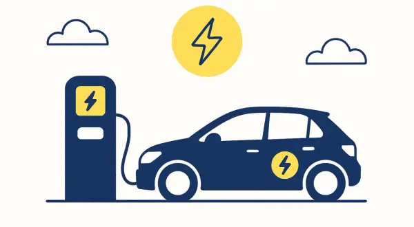 Illustration simple du fonctionnement d'une borne de recharge pour voiture électrique. Un véhicule bleu est branché à une borne bleue.