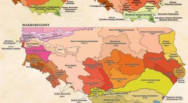Mapa Polski z zaznaczonymi regionami. Na południu Polski znajdują się Sudety, które są częścią Wyżyn Polskich.
