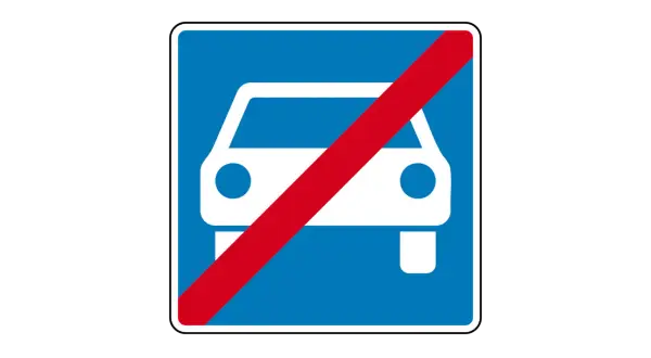 Blaues Schild mit weißem Auto und rotem Querbalken. Ende der Autobahn oder Schnellstraße.