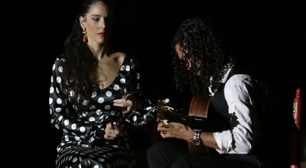Unos buenos días flamencos con una bailaora y un guitarrista en un escenario oscuro.